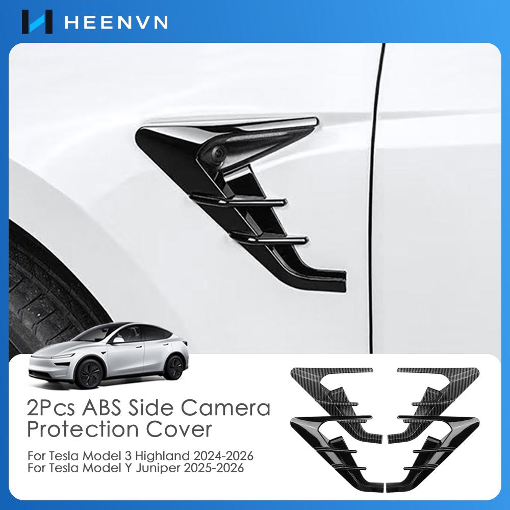 Heenvn 2Pcs Side Camera Cover For Tesla Model Y Juniper Launch Model 3 Highland 2026 2025 ABS Leaf Board Dash Cam Protect Kit