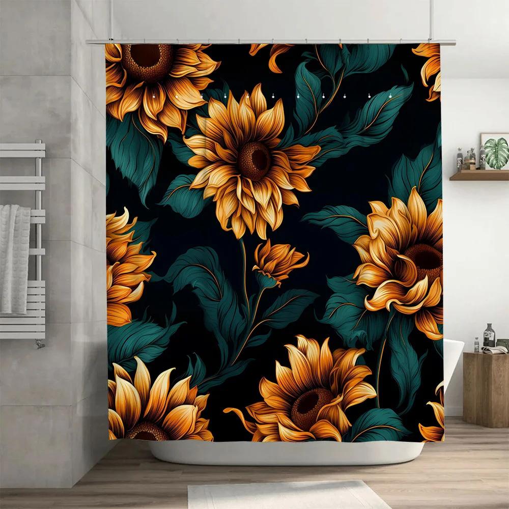 Sunflower Shower Curtain Bathroom Decor Waterproof Fabric Vintage Floral Bath Mat Print Home Decoration for Living Room Hotel
