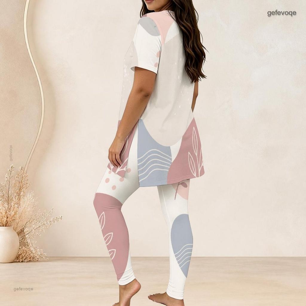 Women Plus Size Two Piece Set Round Neck Short Sleeve Geometric Printed Top And Long Pants