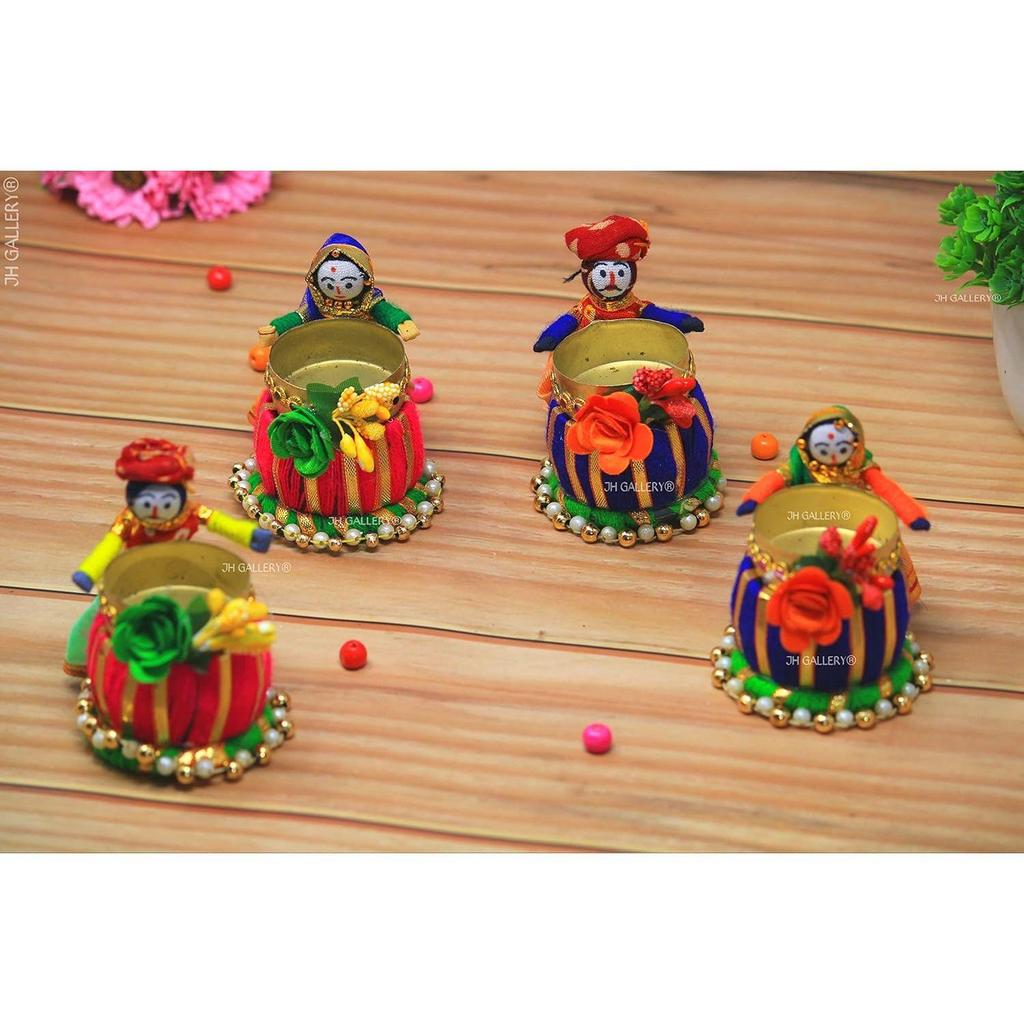 Recycled Material Rajasthani Raja Rani Puppet/Dolls Decorative Tealight Candle Holder (Pack of 2)