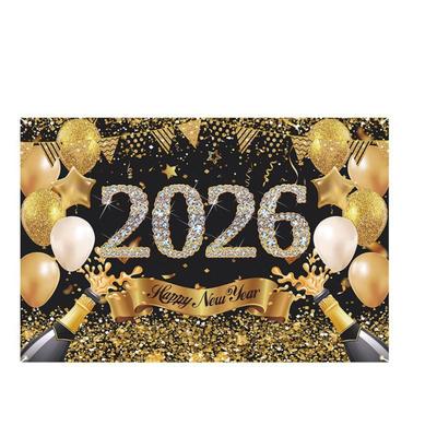 Shiny 2026 New Year Backdrop Banner Colorful Balloon Letter Party Background Decoration Champagne Black Gold Celebration Banner