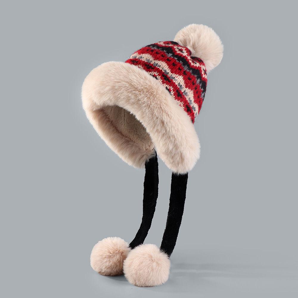 Winter Fleece Lined Warm Knitted Hat Outdoor Casual Ear Flap Ribbon Beanie Face Slimming Cold Proof Plush Hat