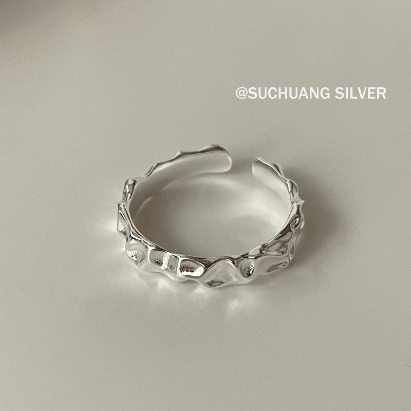 Su Chuang S925 Sterling Silver Irregular Hammered Ring – Women s High-End Niche Korean Design Adjustable Open Ring