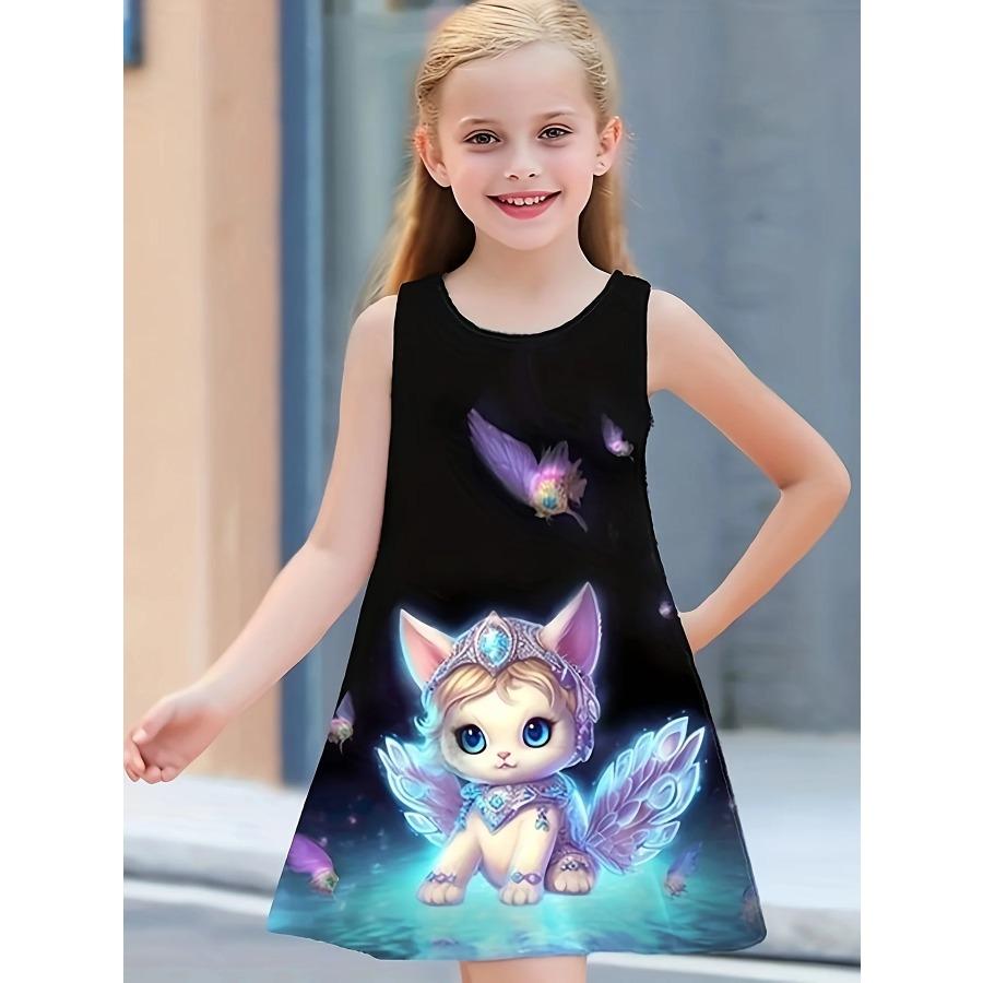 Summer Children's New Cute Cat 3D Pattern Sleeveless Dress Loose Soft Casual Style Outdoor Party Clothing for Girls Daily