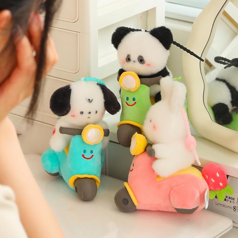 Motorcycle Plush Stuffed Animals Panda Rabbit Dog Pull The Wire Rid Motorcycle Dolls Funny Decor Toys Soft Pillow Birthday Gift