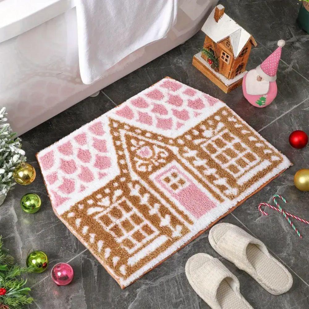 Christmas Gingerbread House Wool-like Carpet Water-Resistant Soft Bath Mat Bedside Rug for Bedroom Winter Home Decoration