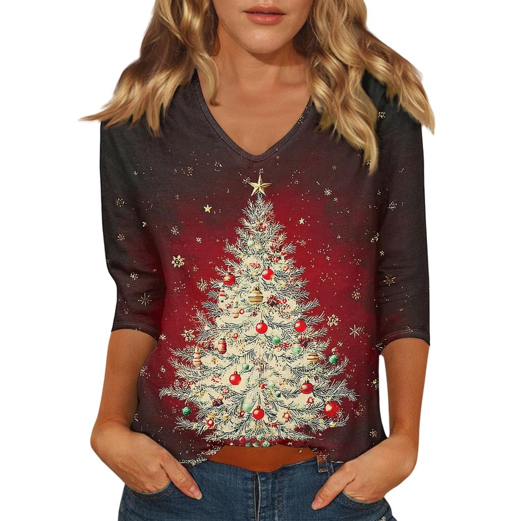 Women's Casual Fashionable Sexy Comfortable V-Neck Christmas Three-Quarter Sleeve Top