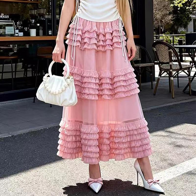 Qooth Ruffle Tulle Maxi Skirt Layered Cake High-Waisted Skirt French Ethereal Style for Party QT2860 One Size розовый
