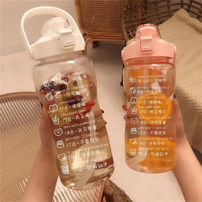 Portable Straw Cups With Handle Large Capacity Outdoor Sports Water Bottle Kettle With Time Marker