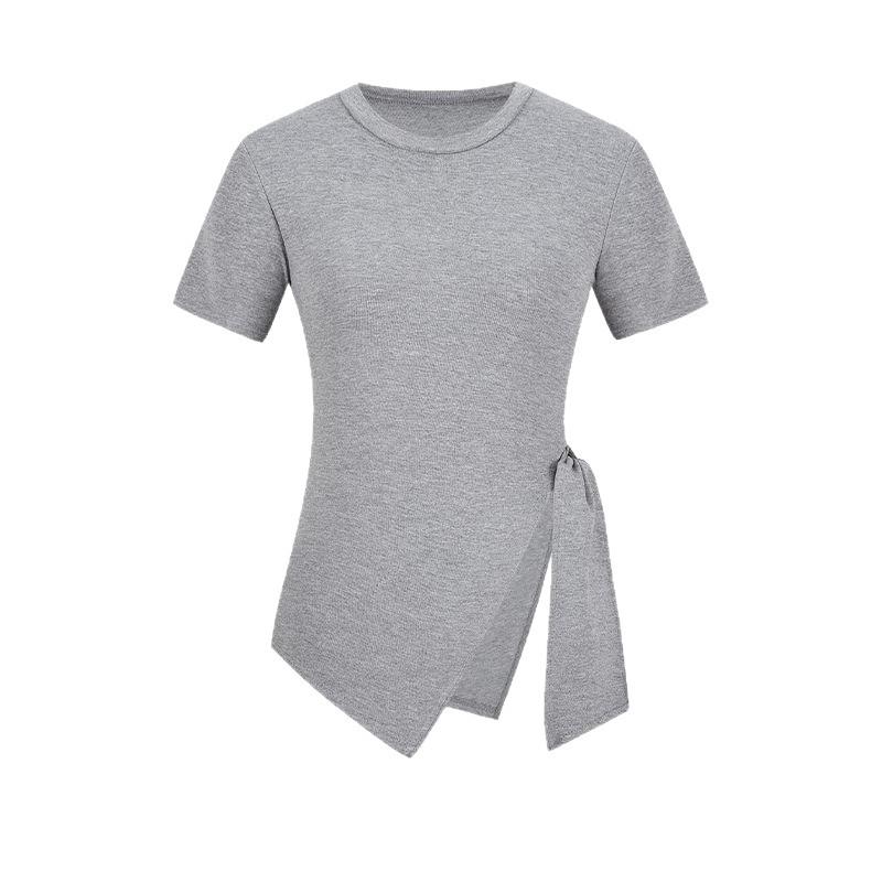 Irregular split-ended short-sleeved T-shirt women's spring new waist pinching and thin pure desire style slim-fitting Spice Girl top tide