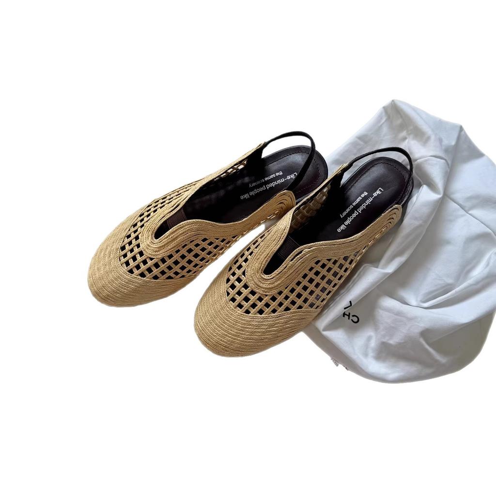 Vacation Wind 2025 Summer Bohemian Woven Mesh Soft Leather Bag Head Elastic After Hollow Flat Women's Sandals Breathable