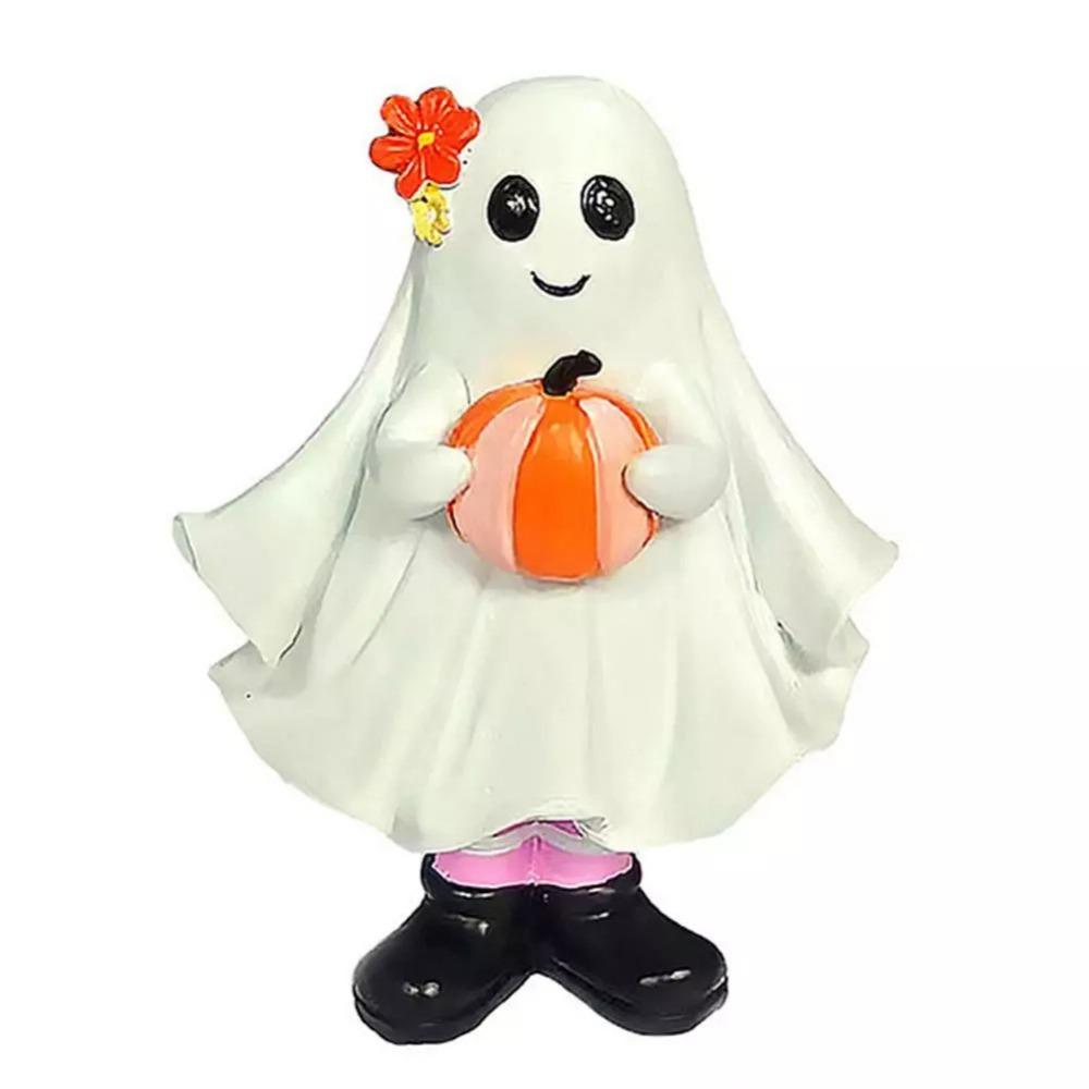 Cartoon Ghost Hold Pumpkin Sculpture Mini Resin Ghost Ornament Halloween Ghost Figurine  Desktop