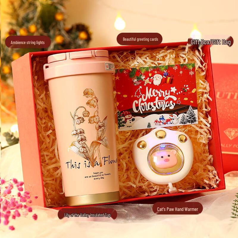 Christmas Gift Set: Pink Lily-of-the-Valley Cup & Cat Paw Warmer Set-24