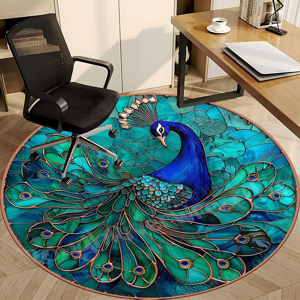 1pc Peacock Feather Office Round Area Rug, Under Office Chairs Bedroom Living Room Home Decor, Room Deco