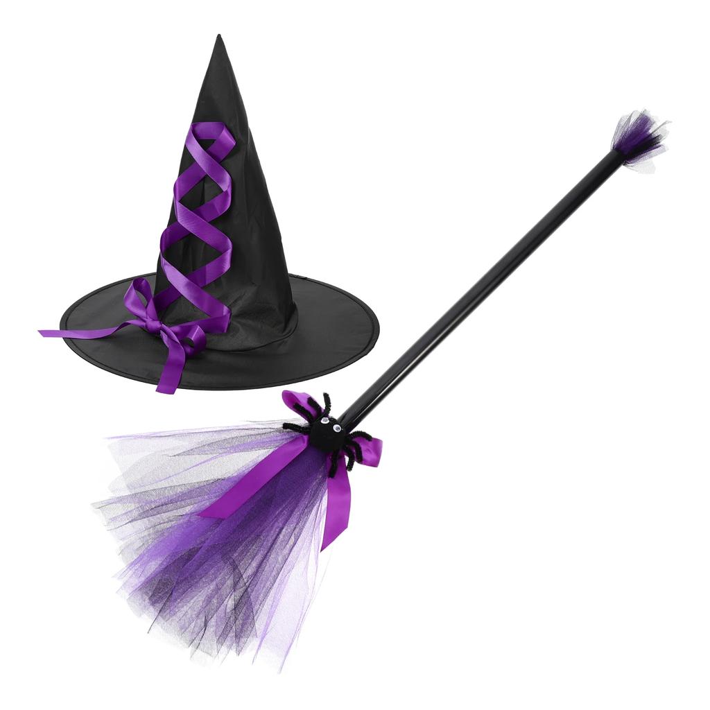 Halloween Witch Costume Accessory Set Wizard Flying Broom Witch Hat Broom Party Decor Masquerade Cosplay Costume Supplies