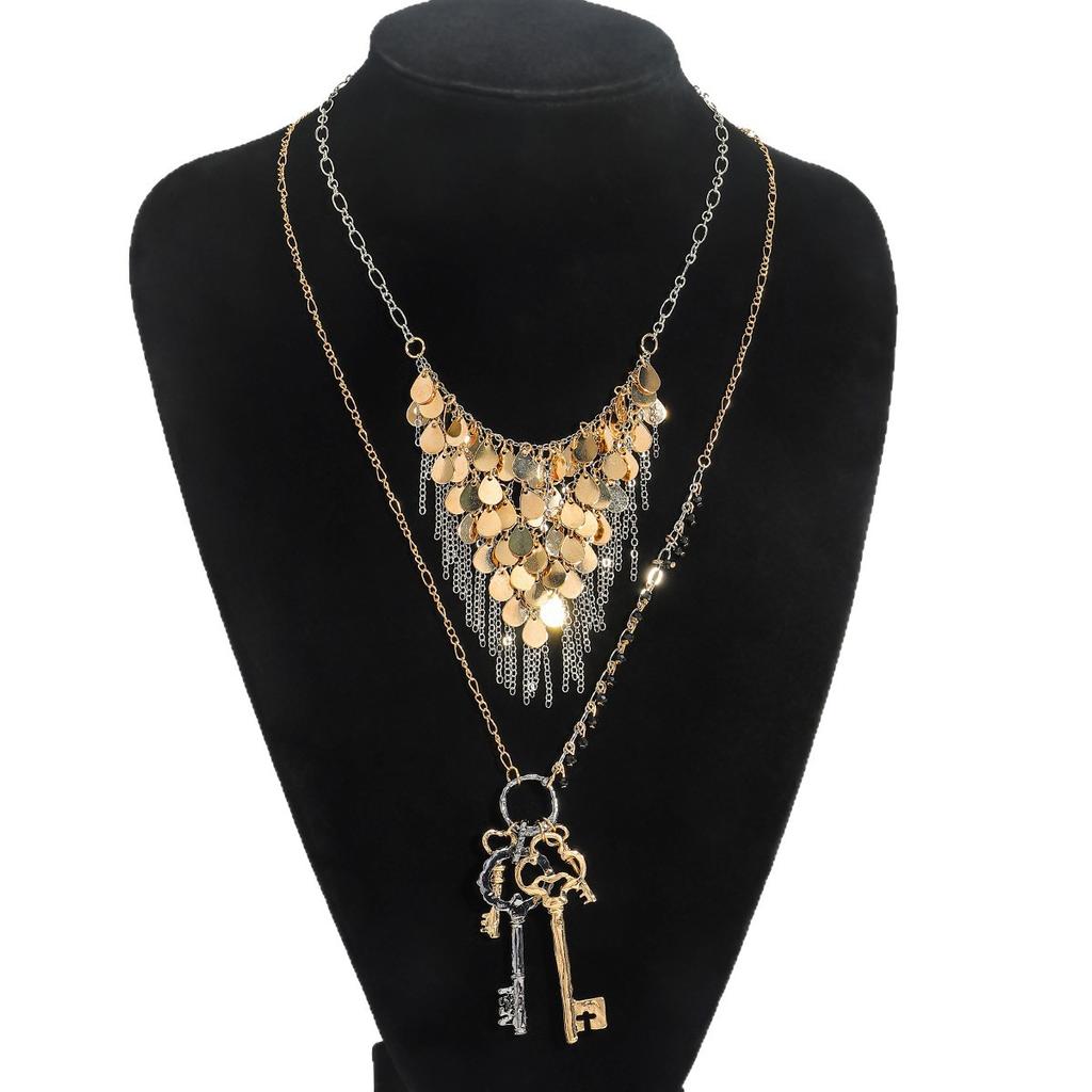Key Tassel Exaggerated Multi-layer Necklace Retro Bohemian Cool Style Pendant Jewelry