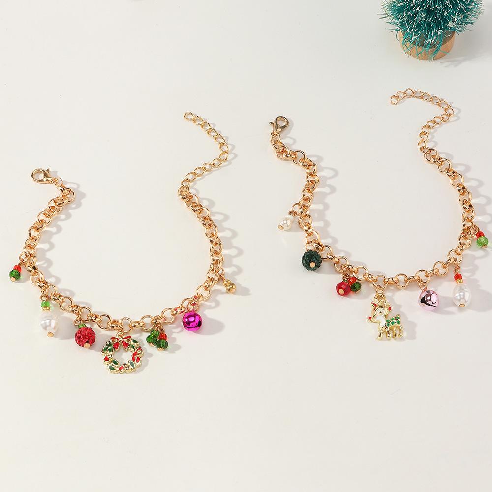2025 New Fashion Women Lovely Christmas Elk Wreath Bracelet Christmas Party Bell Charms Pendant Metal Bangles Bracelet Jewelry