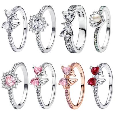 Original 925  Silver Ring Colorful Heart Crown Bow Moon Shell Crystal for Women Valentine's Birthday Gift DIY Jewelry
