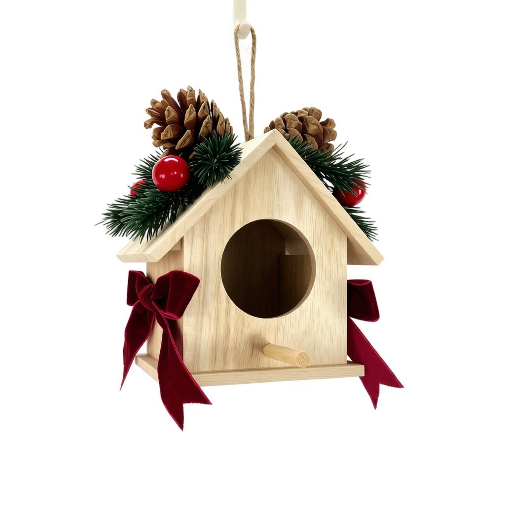 Wooden Christmas Pinecone Birdhouse Hanging Ornament Bird for Holiday Tree Decoration