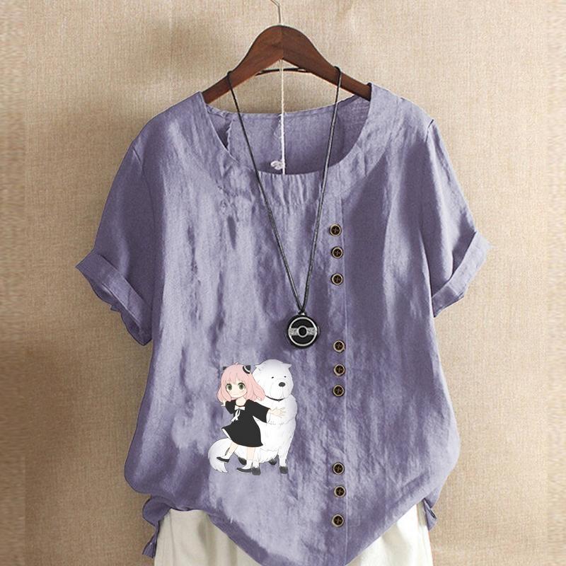 Damenmode Cartoon-Figuren Bedrucktes Kurzarm-T-Shirt Lockeres Baumwollhemd Lässige Lockere Sommerbluse Tops Übergröße