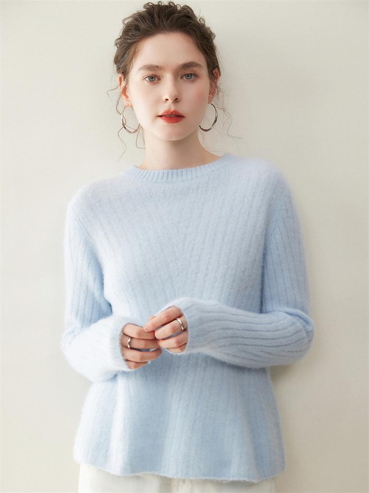Women's Ribbed Cashmere Crew Neck Pullover Sweater with Long Sleeves