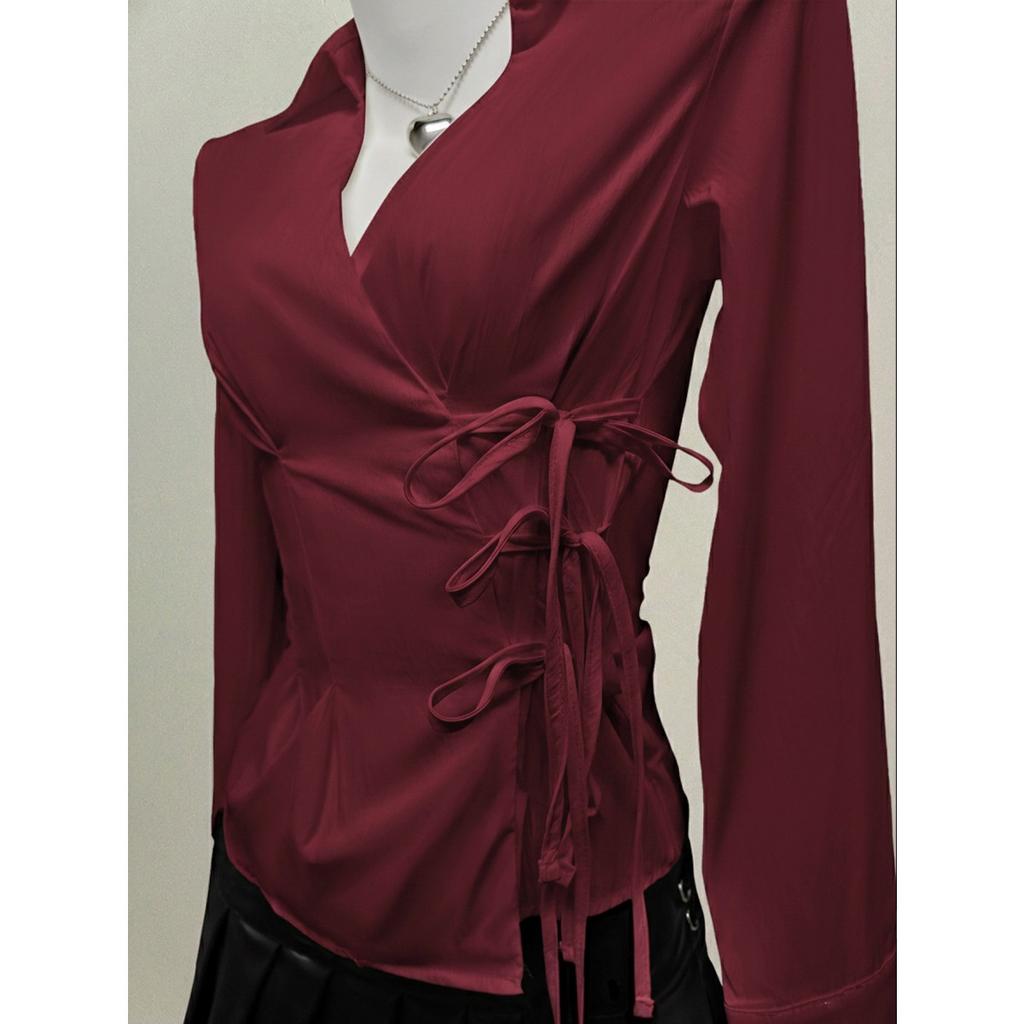 Women's Casual Top, Versatile, Elegant, Waist Cinching Design, Solid Color Women's Shirt