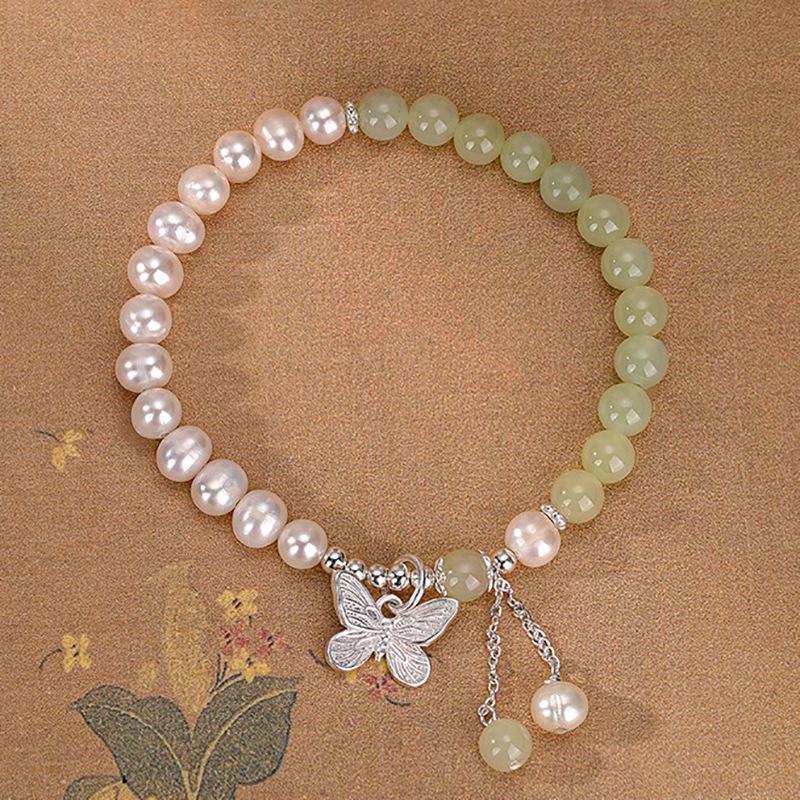 2025 High-End Natural Freshwater Pearl & Hetian Jade Butterfly Bracelet with Sterling Silver Tassel - Versatile Gift