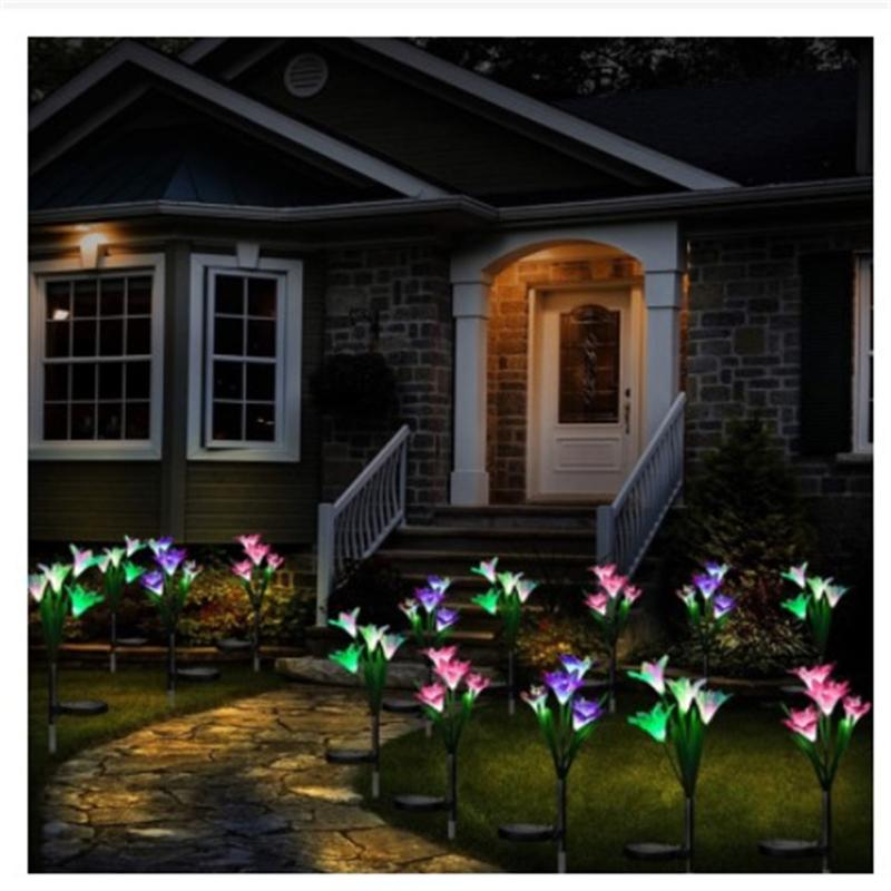 Outdoor Solar Lights With 4 Lily Flowers Ip65 Waterproof Adjustable For Garden Pathway Patio