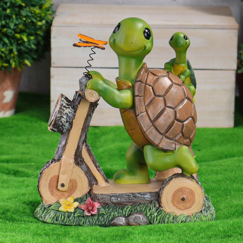 Solar LED Resin Bonsai Turtle On Bicycle Garden Night Light Ornament