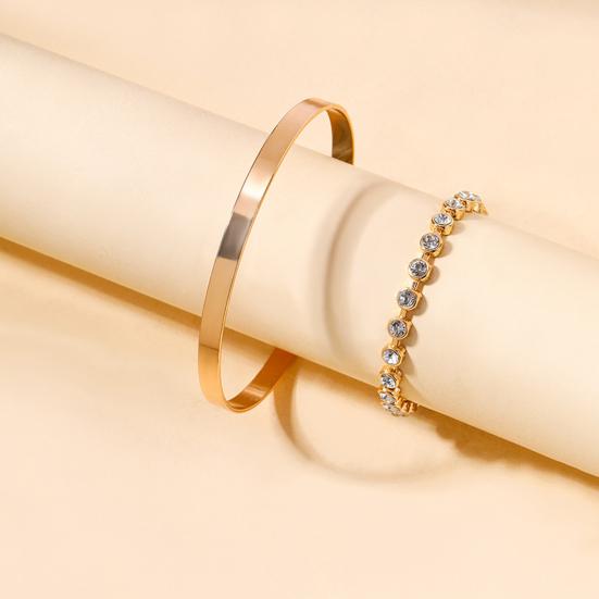 2 Pcs/Set Women Bracelet Set Rhinestone Decor Luster Electroplated Alloy Daily Dating Party Bangle Lady Wrist Jewelry