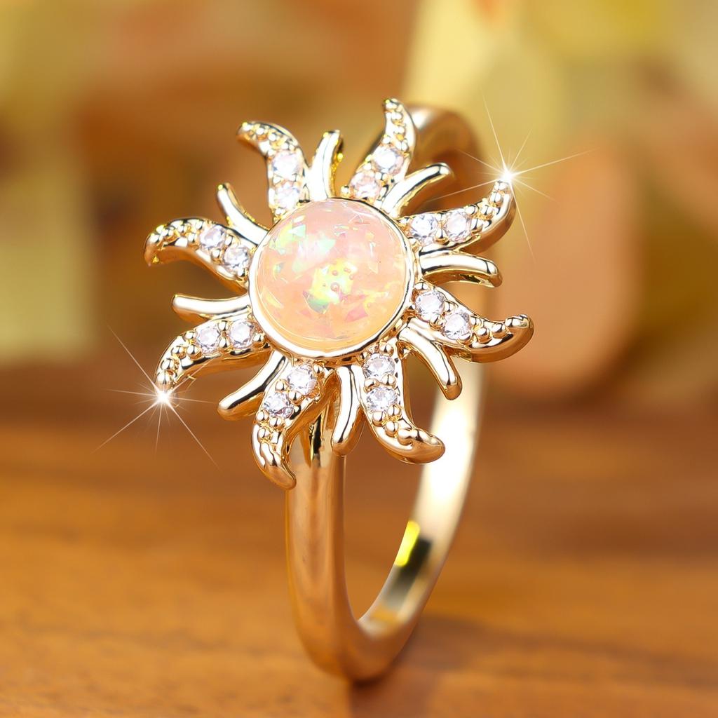 Elegant Gold Sun-Shaped Ring for Women, Synthetic Inlaid Jewelry, Suitable for Dating, Weddings, Parties, and Banquets