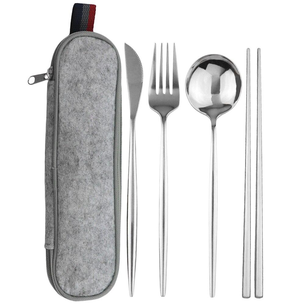 

Портативный дорожный набор столовых приборов из нержавеющей стали, набор столовых приборов в западном стиле, нож, вилка, ложка, палочки для еды с сумкой, офисный работник, переноска набора столовых приборов серебряный