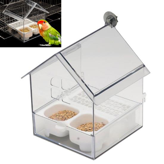 Pull-Out External Parrot Feeder Window Mounted Birds House with Two Food Slots Transparent Parrot House with Water Catcher Tray