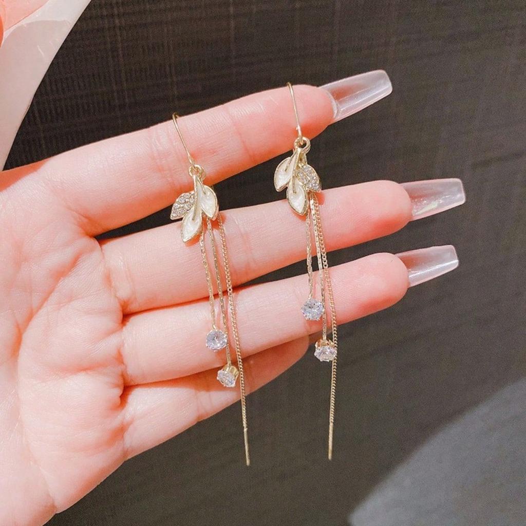 Süße Schimmerndes Blatt Quaste Zirkonia Hängeohrringe | Sanfte Fee Ästhetik Schmuck für Frauen