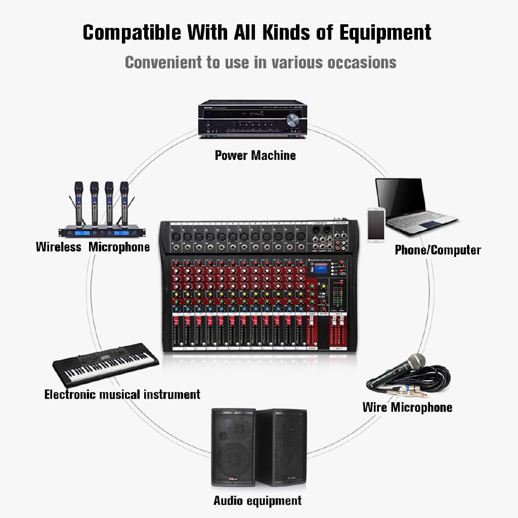 12 Channel Bluetooth Live Studio Audio Mixer Mixing Console w/ USB XLR Input 48V Black