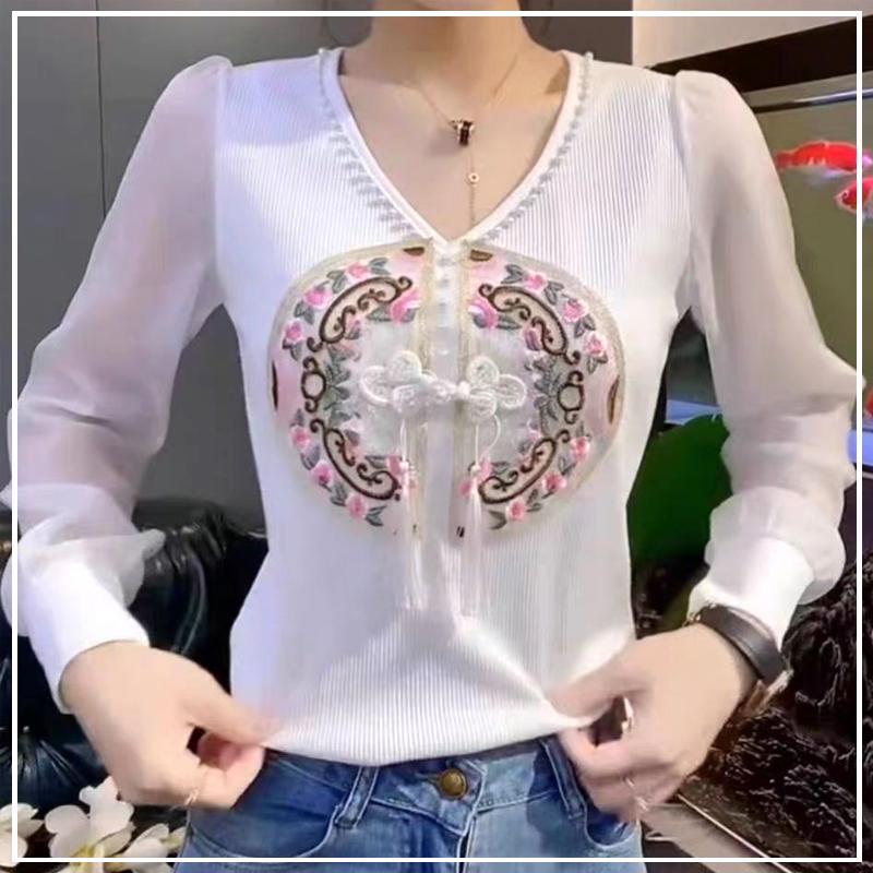 

Новая весенне-летняя футболка Модная шикарная V-образный вырез Пуговицы с вышивкой бисером Свободный универсальный топ в китайском стиле XL белый