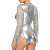 Womens Metallic Shiny Club Bodysuit Tiered Sequin Tassel Mesh Long Sleeve Dance Jumpsuit