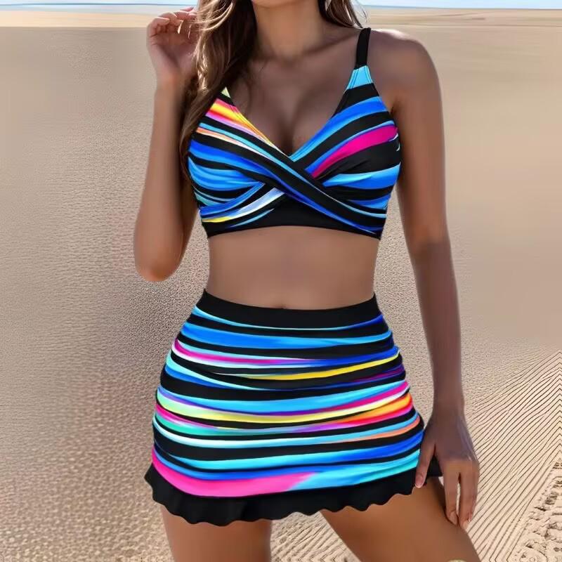 

High-Waisted Color Stripe Sexy Slimming Bikini Three-Piece Set Large