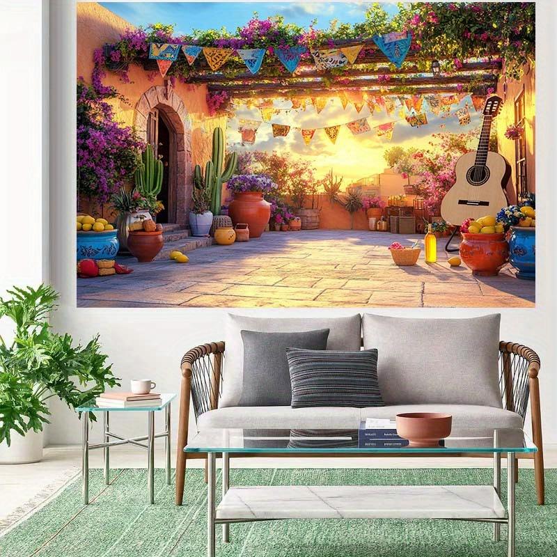 A two-dimensional background fabric with a theme of a Mexican carnival accompanied by colorful flags guitars and potted plants