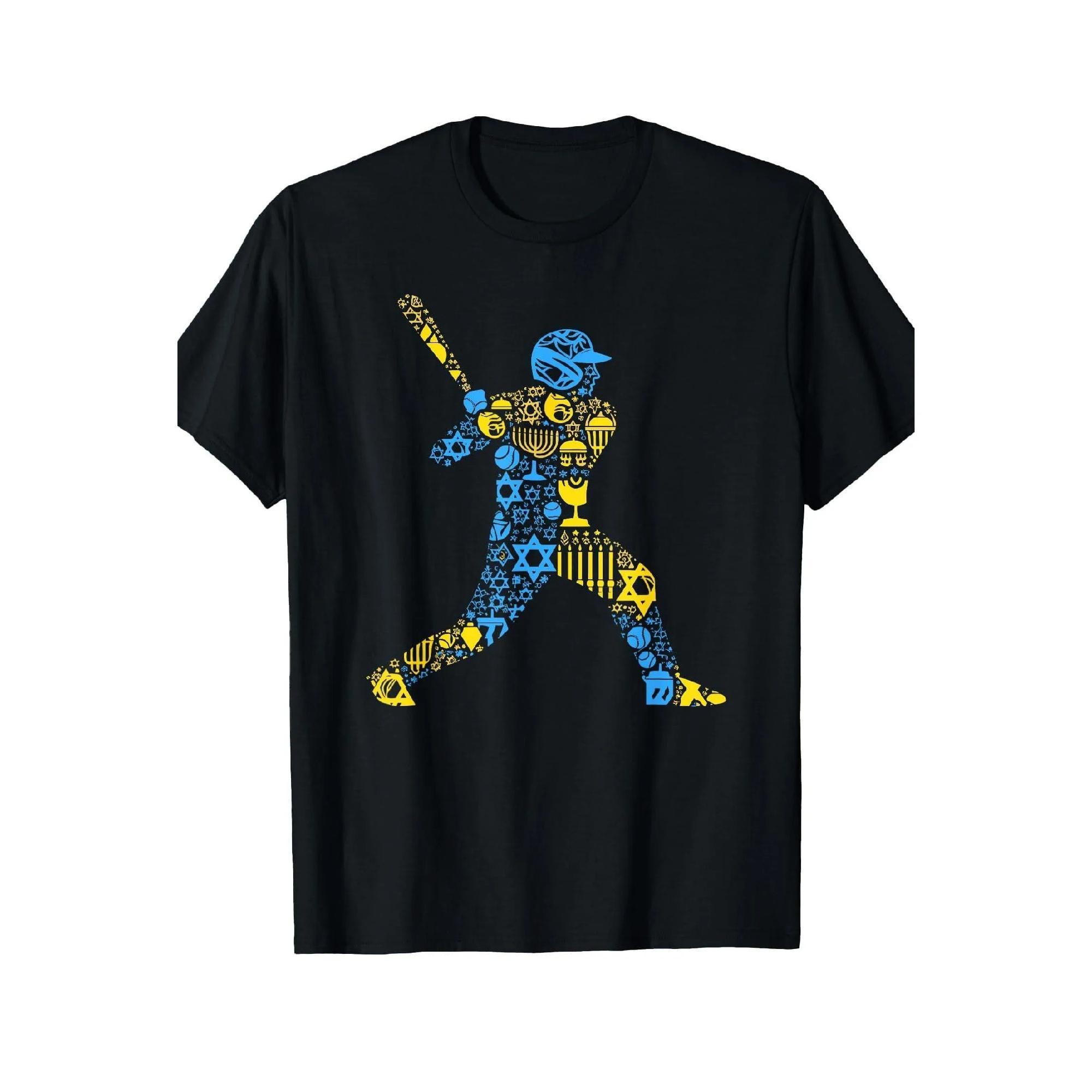 Baseball Player Hanukkah Jewish Holiday Graphic T-Shirt Short Sleeve Casual Crew Neck Tee S чёрный