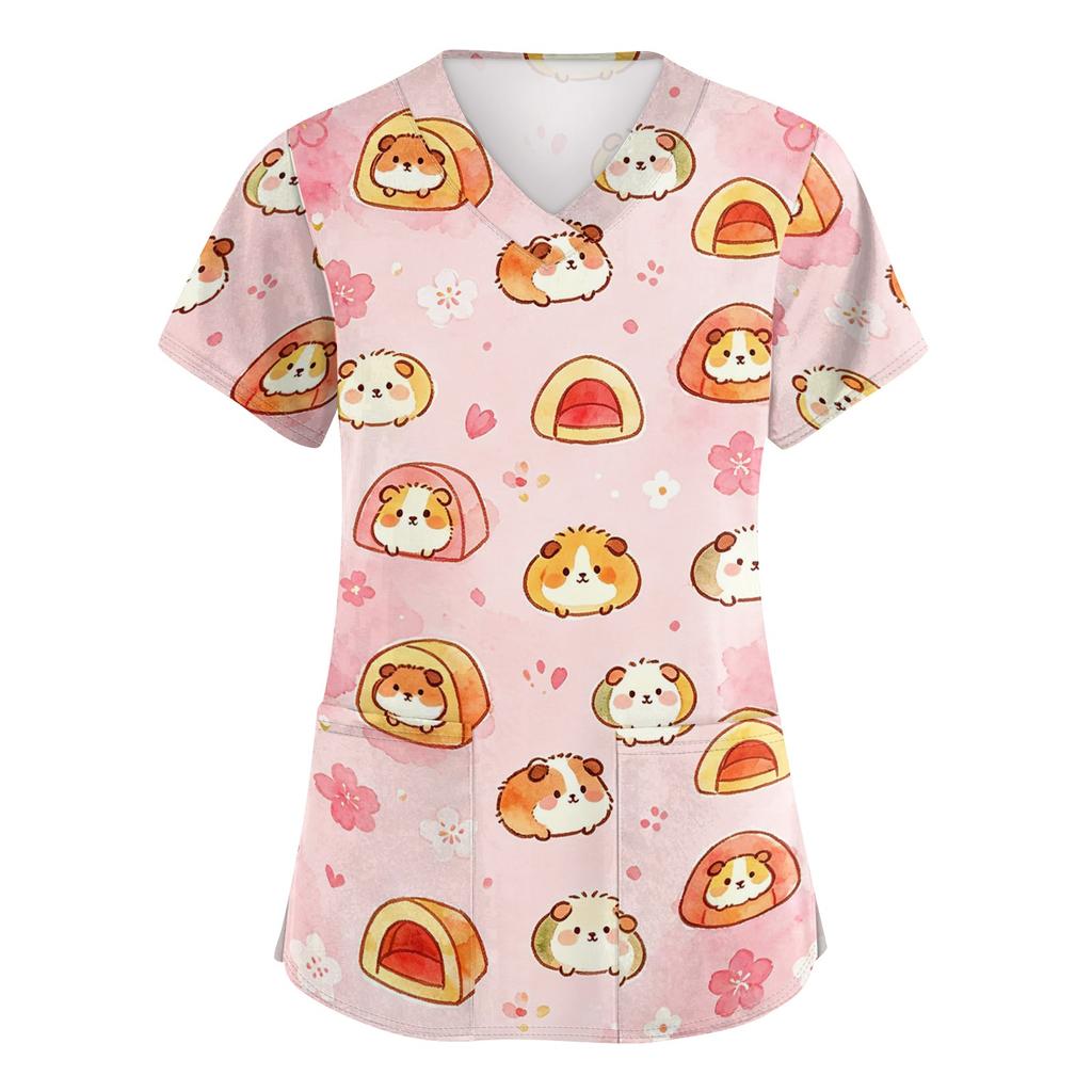 Women's V Neck Short Sleeve Work Top with Pockets Animal Print Medical Scrub Shirt for Healthcare Professionals Nursing Uniform