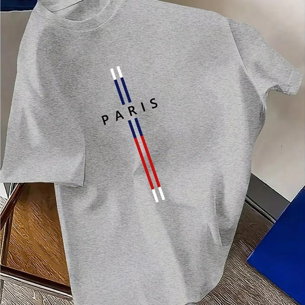 New Men Fashion Casual Loose Fit Plus Size Paris Letter Print Round Neck Short Sleeve T-shirt Top Short-sleeved T-shirt for Men