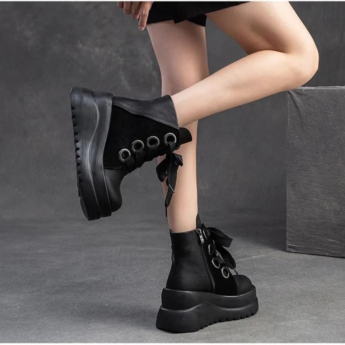 Johnature Genuine Leather Wedges Short Boots Retro Thick Soled Side Zipper Versatile Women's Shoes