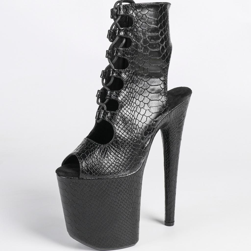 Women's  20cm Pole Dance Boots Black Lace Up Open Toe 20cm High Heel Platform Fashion Shoes Fish Toe