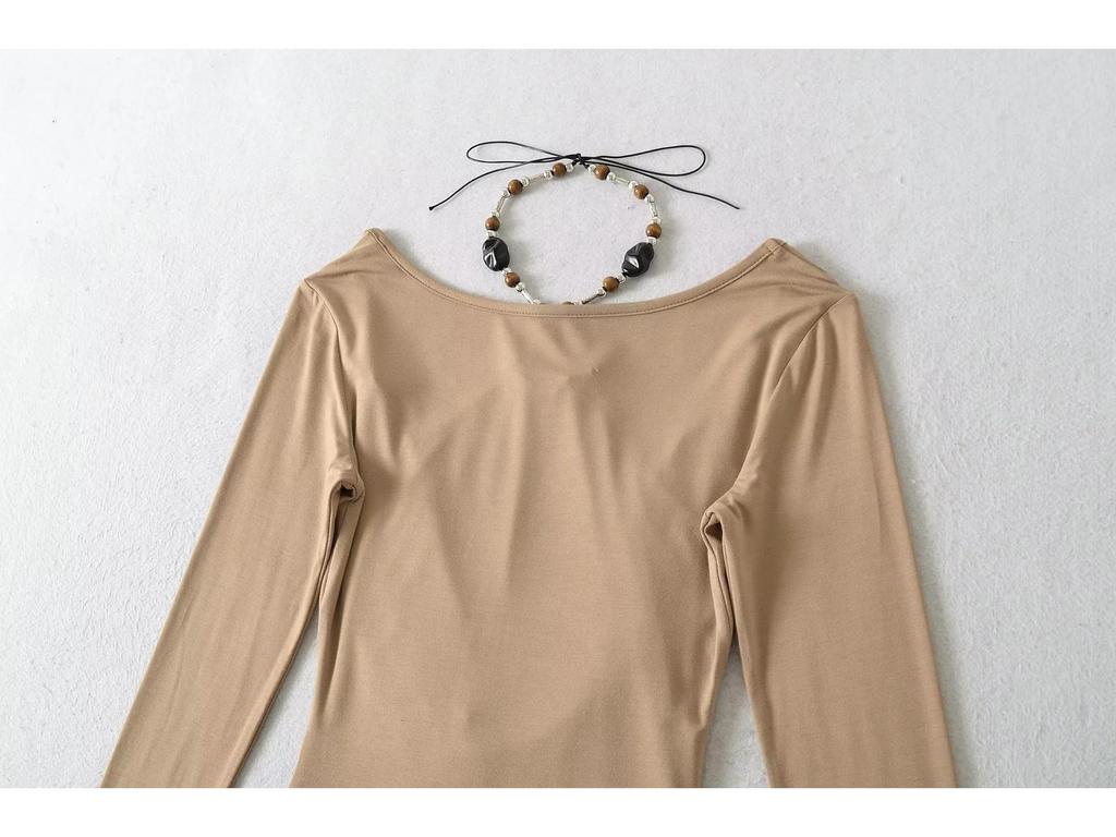 Chic Two-Piece Illusion Halter Neck Beaded Long Sleeve Ruched Top for Fall