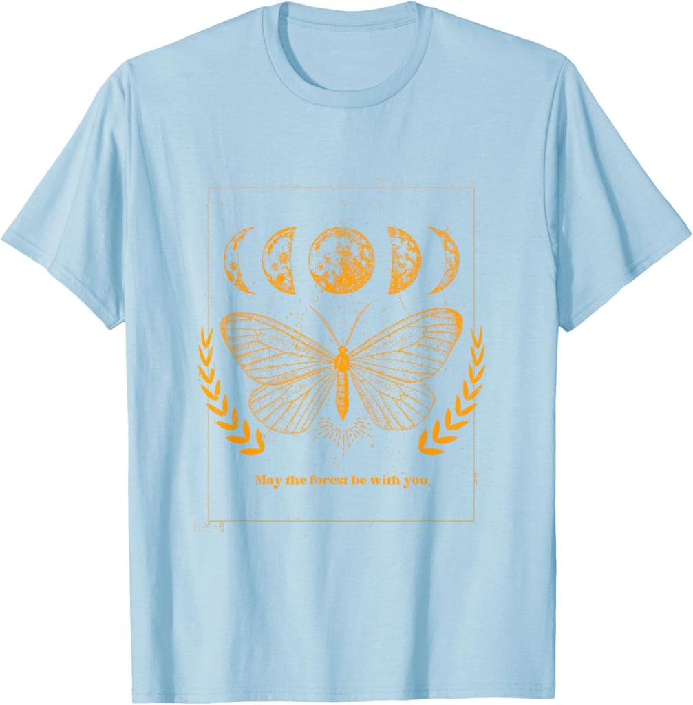 Celestial Butterfly Moon Phases Forest Wish Graphic Tee Casual Crewneck T-Shirt For Men