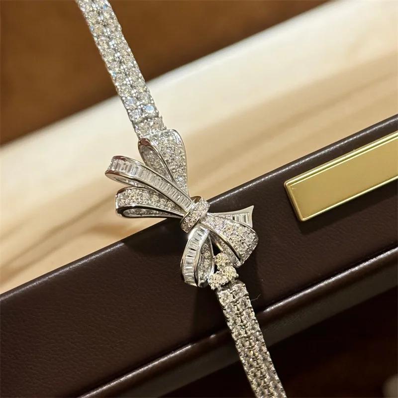 New Vintage  Pure 925 Sterling Silver Bracelets Full Pave 3a Cubic Zirconia Bowknot Bracelet for Women Luxury Fine Jewelry