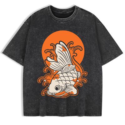 Japanese Koi Harajuku Printed Washed T-Shirts Mens Cotton Oversize T Shirt Summer O-Neck Short Sleeve Tops Casual Men Clothes
