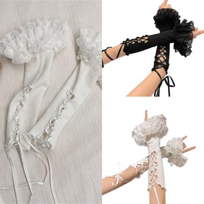 Breathable Punk Arm Covers With Lace Trim and Ribbon Tie Up Design For Stage Performances And Theme Parties Props