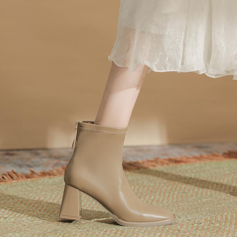 M259-1 New Women's Boots Brown Soft Leather Coarse Heel Short Boots Children's Skinny Boots Medium High Heel Ankle and Naked